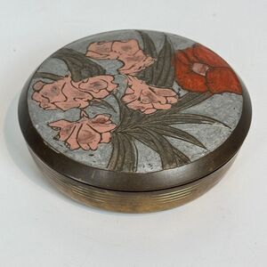VTG Enameled Brass Floral Round Trinket Dish